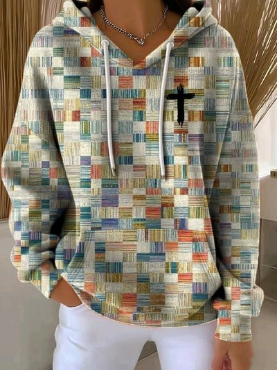 Casual Retro Contrast Color Block Faith Hoodie Christian Religious Apparel Pullover Sweatshirt Freedom Gift