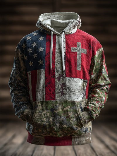 Vintage Faith American Flag Camo Hoodie USA Patriotic Christian Religious Pullover Sweatshirt Gift