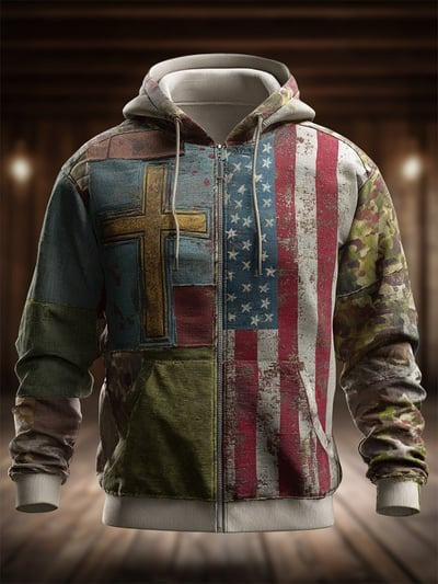 Vintage Casual Faith American Flag Zip Hoodie Patriotic USA Christian Freedom Pullover Sweatshirt Gift Clothing Men Women