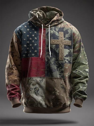 Vintage Faith American Flag Camo Hoodie USA Christian Patriotic Apparel Pullover Sweatshirt Gift