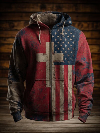 Vintage Casual Faith American Flag Zip Hoodie Christian Patriotic USA Freedom Apparel Sweatshirt Gift for Men Women