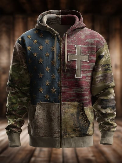 Vintage Casual Faith American Flag Zip Hoodie Patriotic Freedom Christian USA Sweatshirt Pullover for Men Women