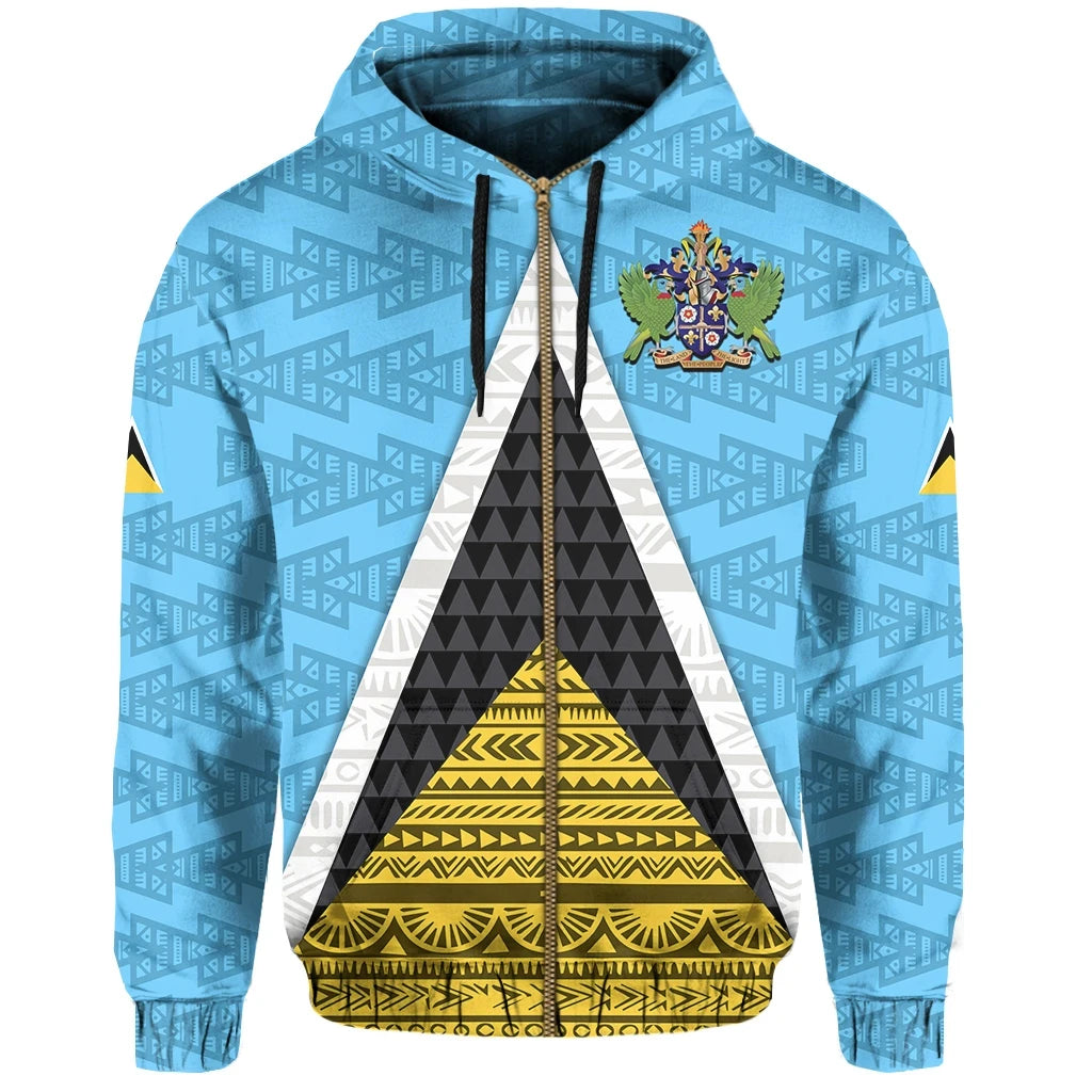 Saint Lucia Flag Zip Up Hoodie Triangle Cerulean Blue RLT6
