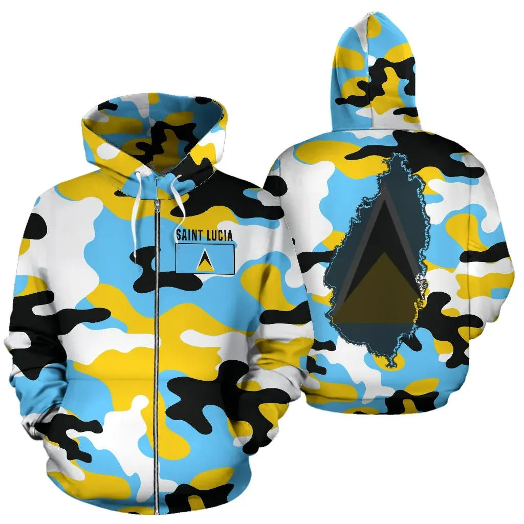 Saint Lucia Zip Up Hoodie Camouflage Map RLT6