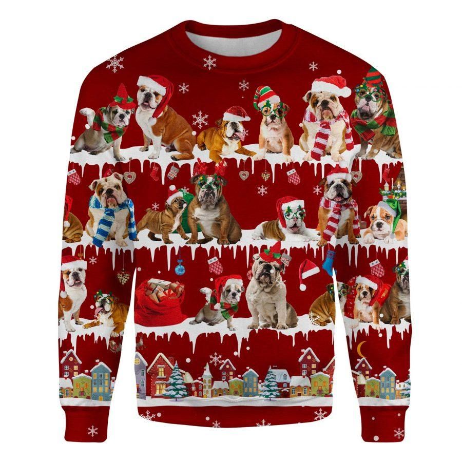 English Bulldog Snow Christmas Sweatshirt Red Ugly Christmas Sweater, Winter Gifts For Couples