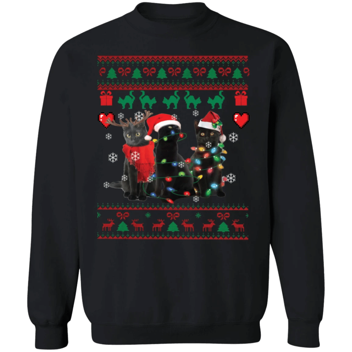 Three Black Cat Santa Christmas Sweatshirt Christmas Light Tree Gift For Cat Lovers