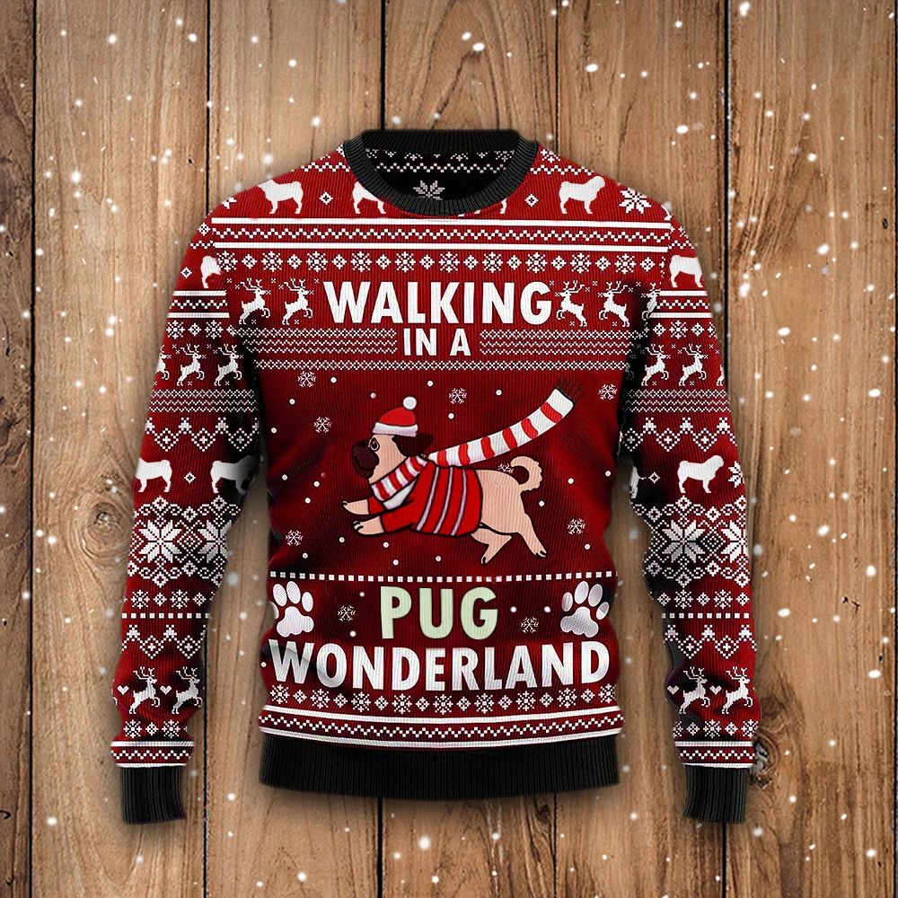 Walking In A Pug Wonderland Graphic Crewneck Sweatshirt Green Ugly Christmas Tee For Men Women