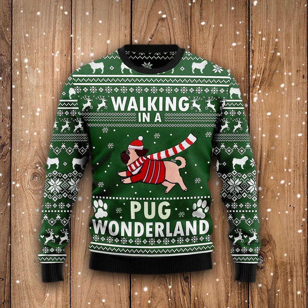 Walking In A Pug Wonderland Graphic Crewneck Sweatshirt Green Ugly Christmas Tee For Men Women