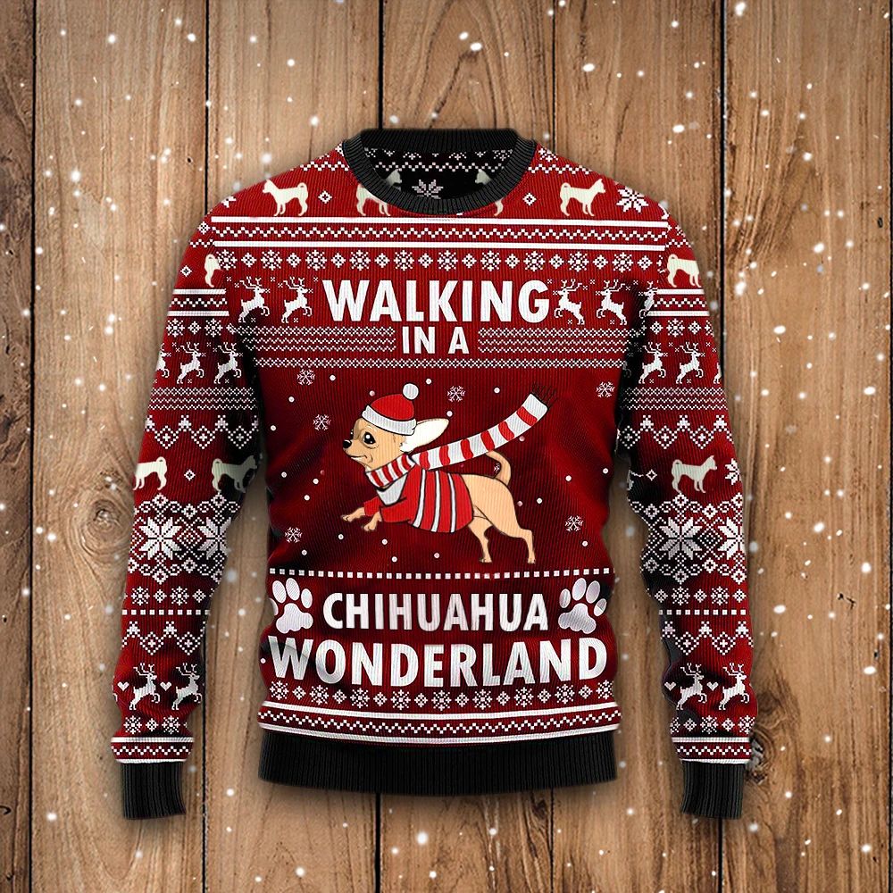 Walking In A Chihuahua Wonderland Sweatshirt Snowflake Vintage Christmas Sweater Dog Lover