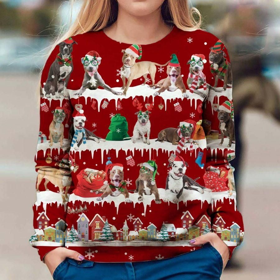 Pitbull Snow Christmas Ugly Sweatshirt Vintage Red Xmas Sweatshirt, Cute Gifts For Dog Lovers