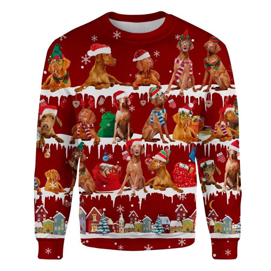 Vizsla Red Ugly Christmas Sweatshirt Unique Animals With Santa Hats Sweatshirt Unisex Clothes