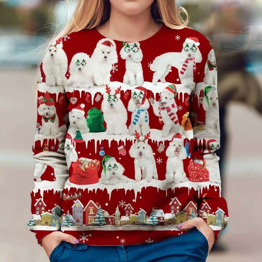 Poodles With Santa Hats Christmas Snowflake Sweatshirt Adorable Xmas Sweater For Dog Lovers