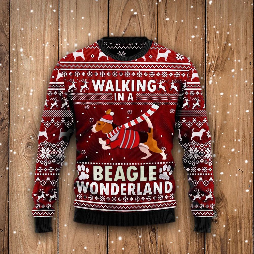Walking In A Beagle Wonderland Crewneck Sweatshirt Vintage Christmas Design Unisex Clothes