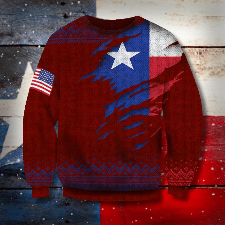 Texas State Flag And American Flag 3D Sweatshirt Brocade Pattern Ugly Xmas Sweatshirt For Texan