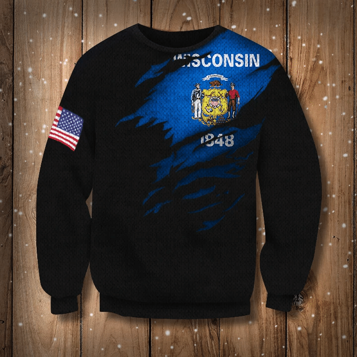 Wisconsin Flag And American Flag Logo Sweatshirt Pride Wisconsin State Men's Clothing Sale