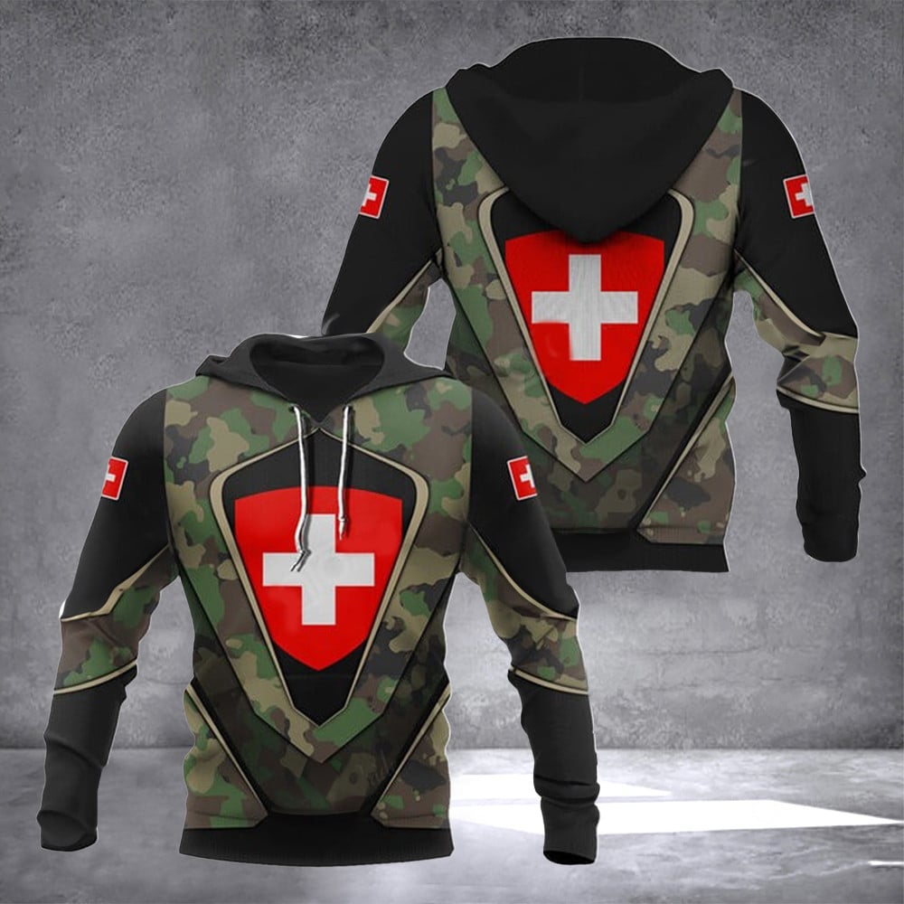 Switzerland Flag Coat Of Arms Hoodie Camo Army Custom Swiss Hooded Sweatshirt