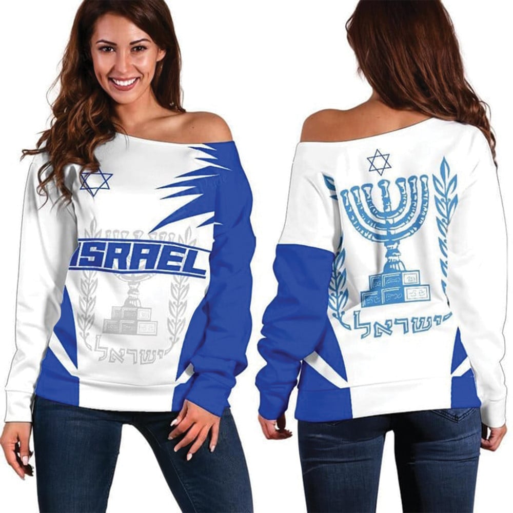 I Stand With Israel Off Shoulder Sweatshirt Israel Coat Of Arms Emblem Women's Apparel