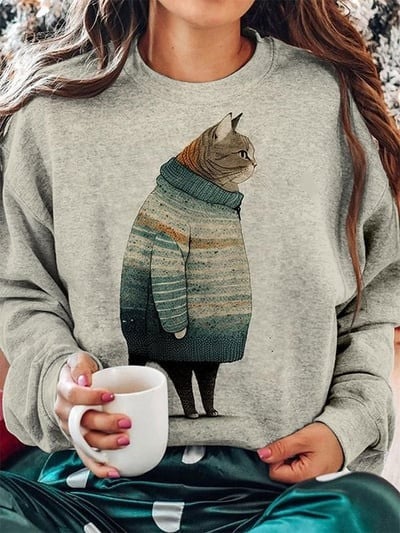 Fat Gray Cat Sweatshirt Cute Graphic Gifts For Cat Lovers Person Christmas Ideas