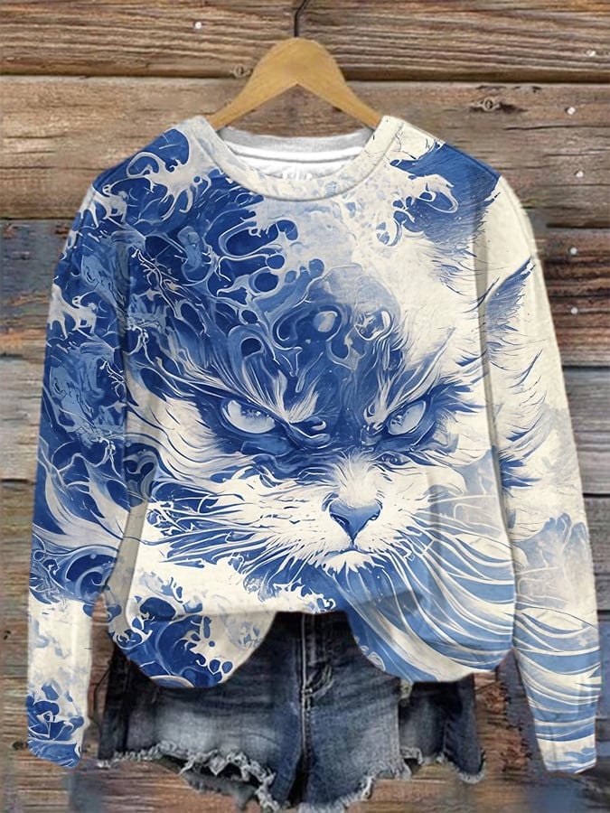 Blue Waves And Cats Sweatshirt Childless Cat Lady Kamala Harris 2024 Campaign Clothing