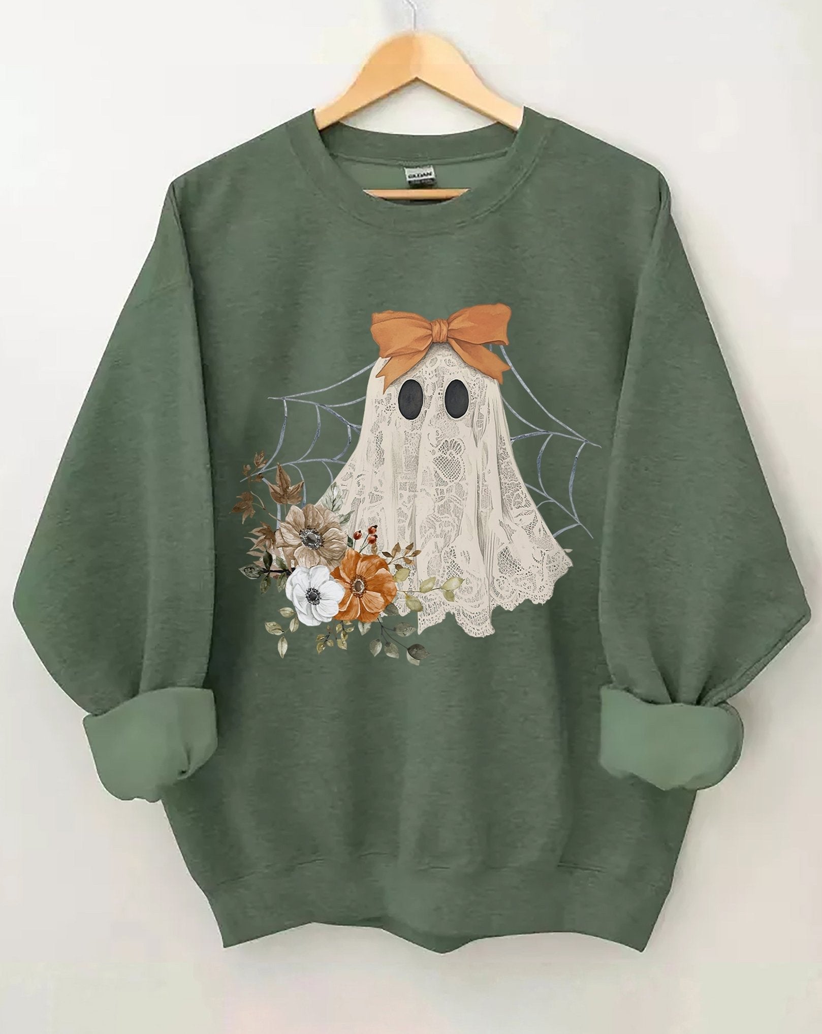 Lace Ghost Halloween Sweatshirt Womens Cute Ghost Halloween Crewneck Gifts