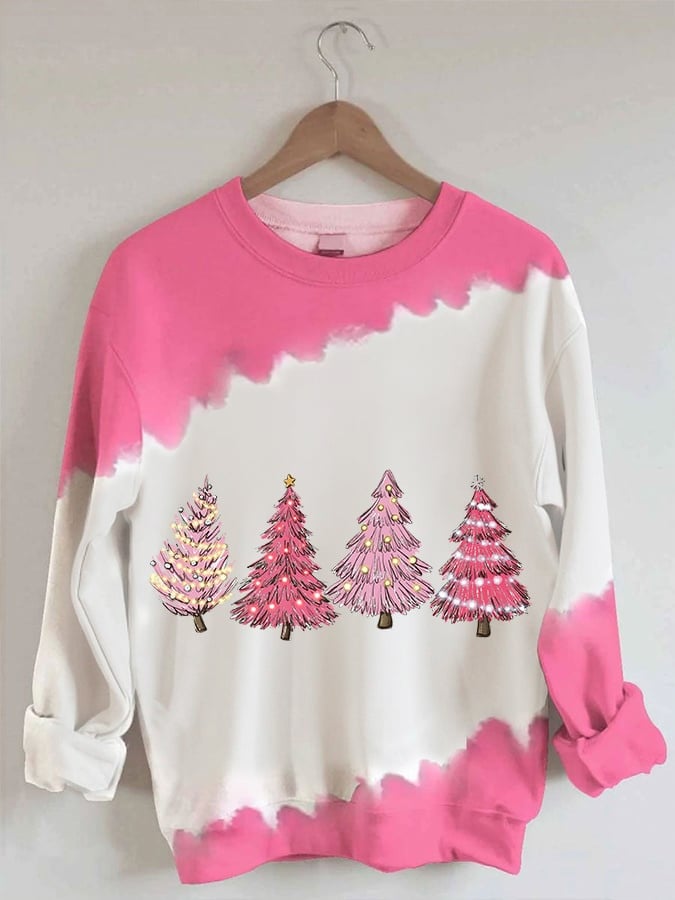 Pink Tree Print Sweatshirt Merry Christmas Sweatshirt Gifts For Women's