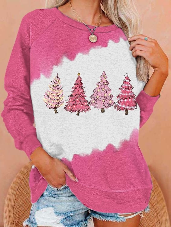 Pink Tree Print Sweatshirt Women's Christmas Sweatshirt Gifts For Mom