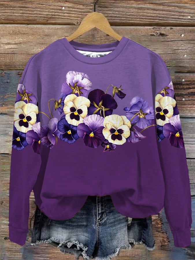 Pansy Purple Flower Sweatshirt Mental Health Alzheimer's Awareness Month Clothing