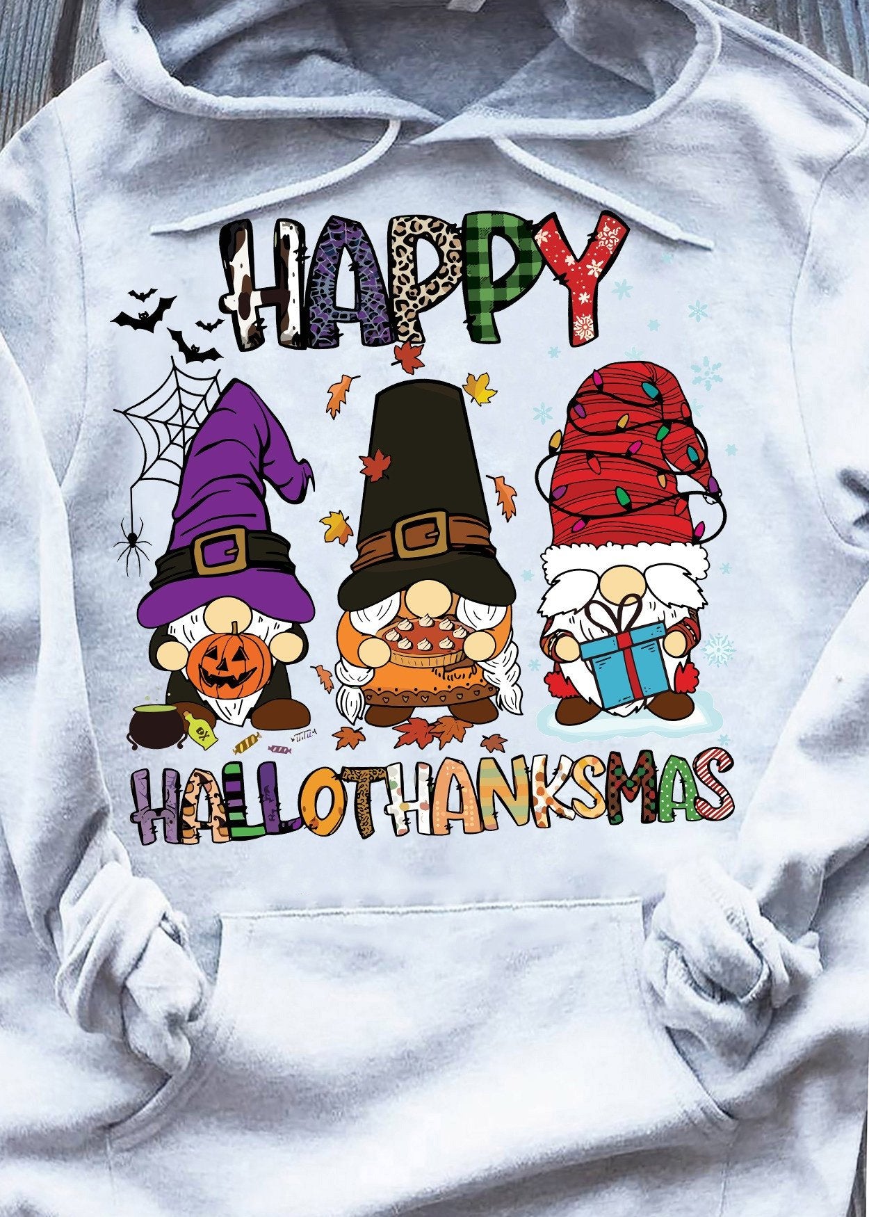 Grome Hallothanksmas Hoodie Halloween Thanksgiving Christmas Holiday Hooded Sweatshirt