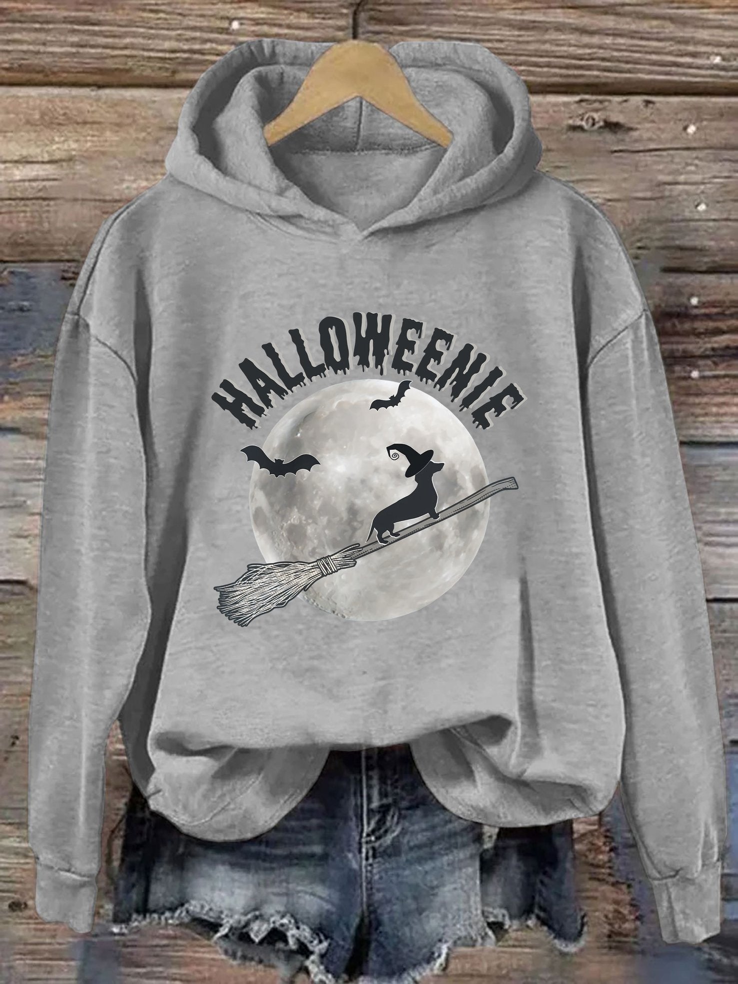 Dachshund Halloweenie Hoodie Funny Sausage Dog Ride Broom Halloween Hooded Sweatshirt