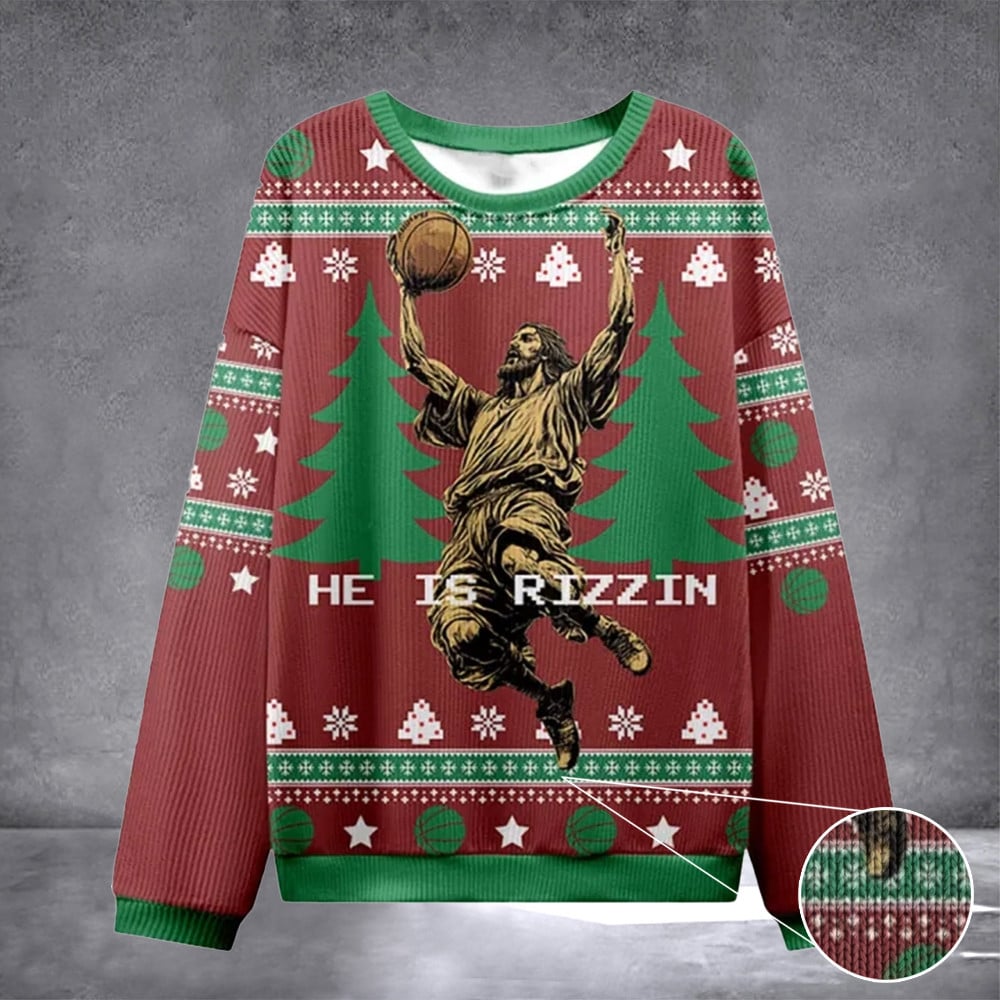He Is Rizzin Christian Ugly Christmas Sweatshirt Religious Christmas Presents