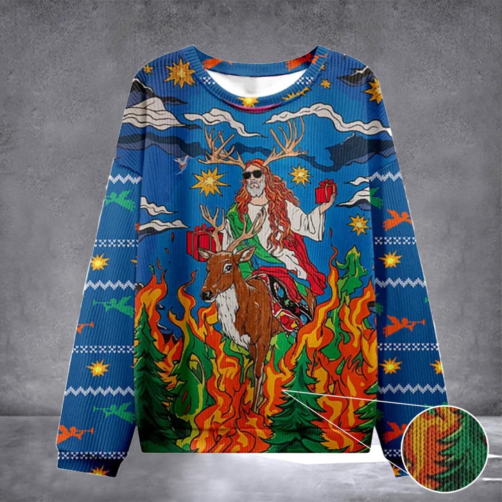 Jesus Riding A Reindeer Ugly Sweater Design Christmas Christian Sweatshirt