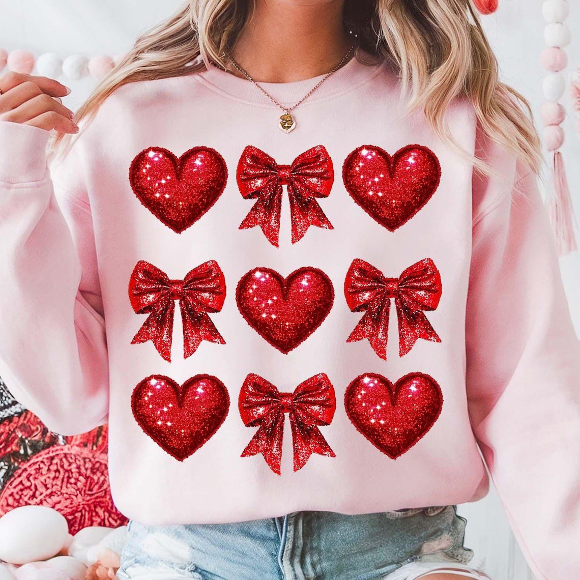 Coquette Glitter Valentine Red Heart Sweatshirt Presents For Girlfriend