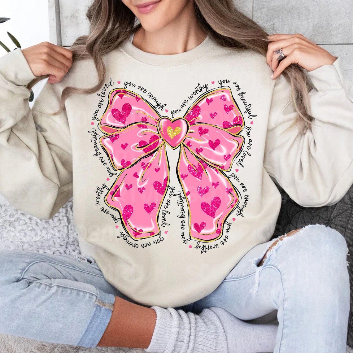 Pink Valentine Coquette Bow Sweatshirt Valentine Gift Ideas For Her