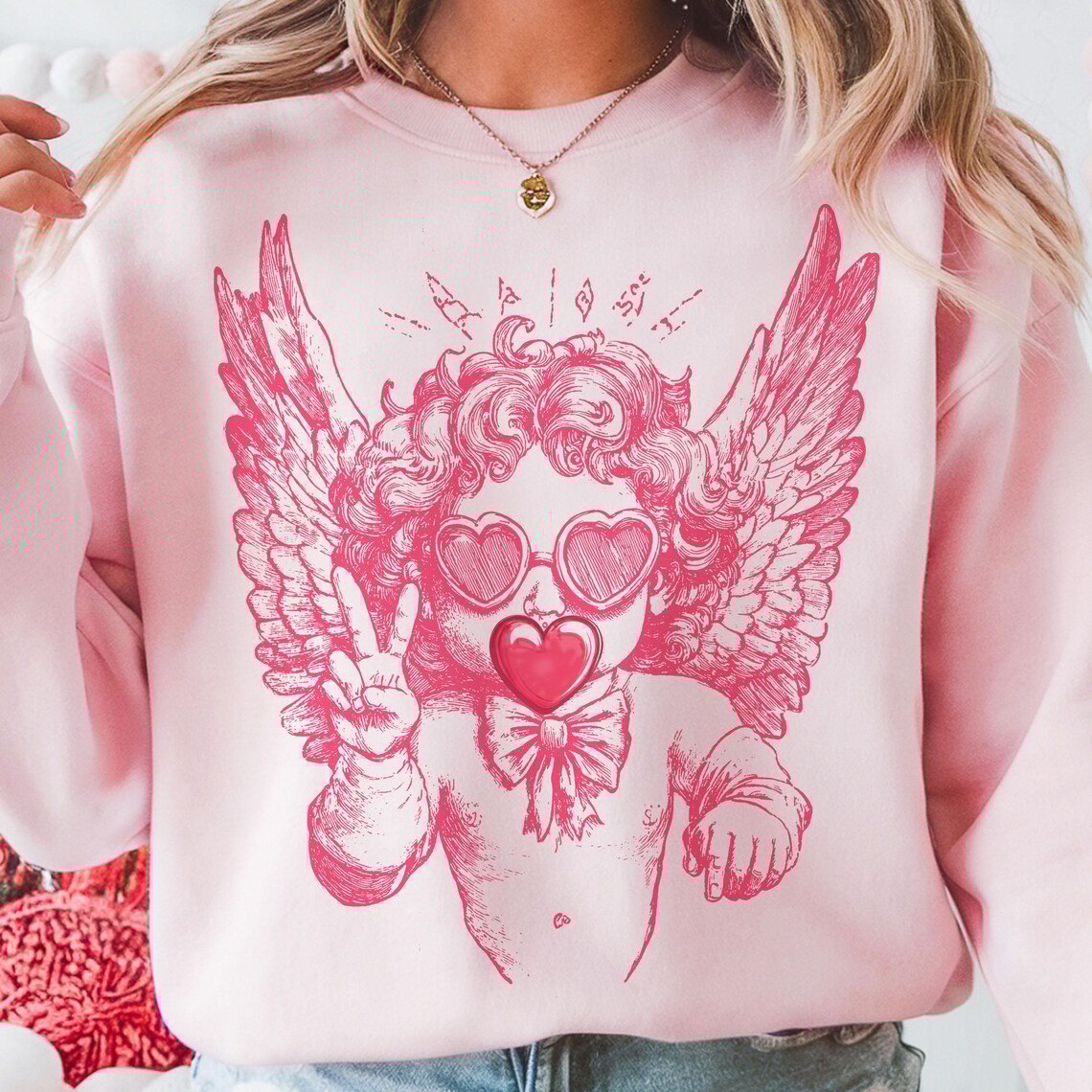 Retro Cupid Valentines Day Blowing Bubble Sweatshirt Best Presents For Her