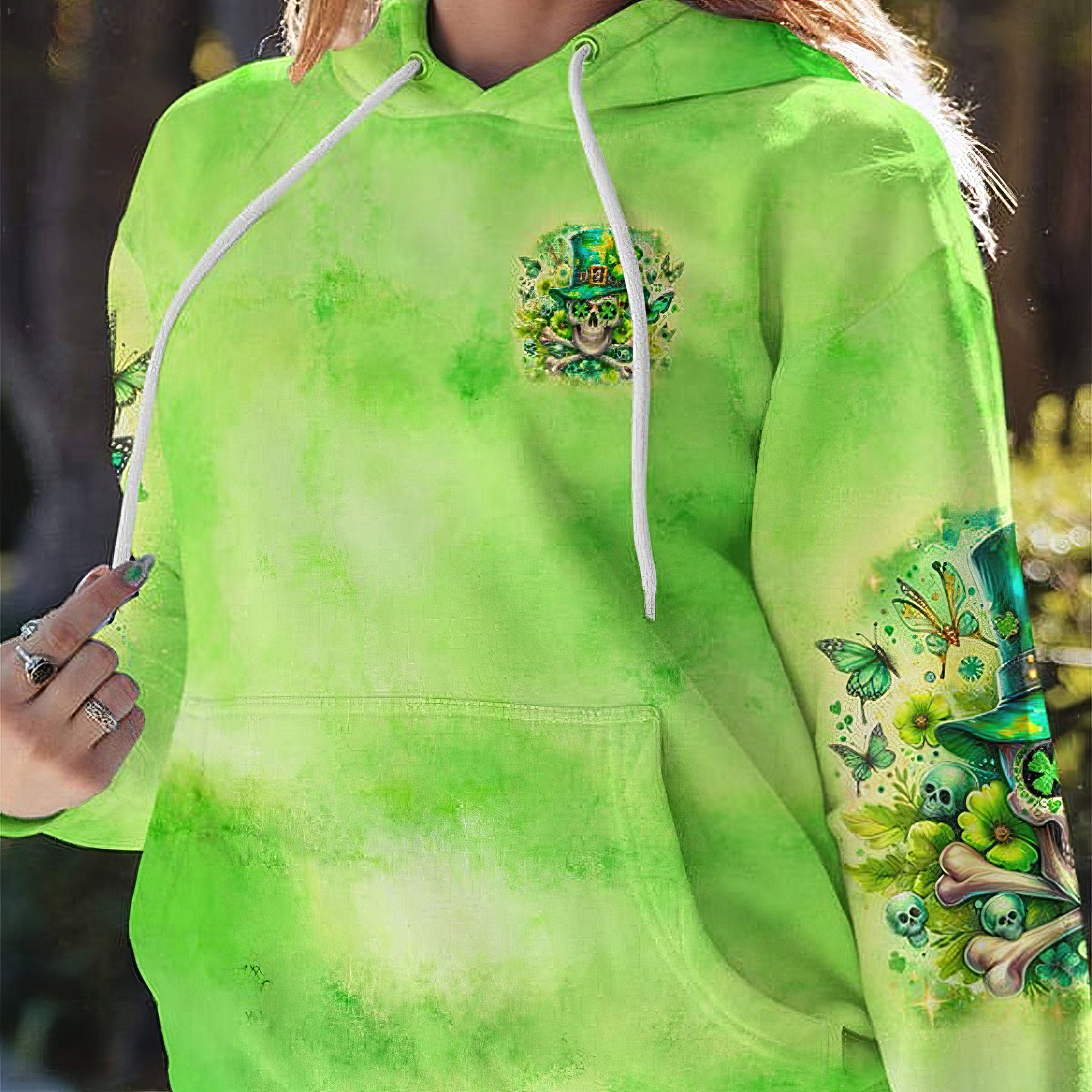 In March We Wear Green Skull Hoodie Patrick's Day Printed Hooded Sweatshirt Gifts For Lady