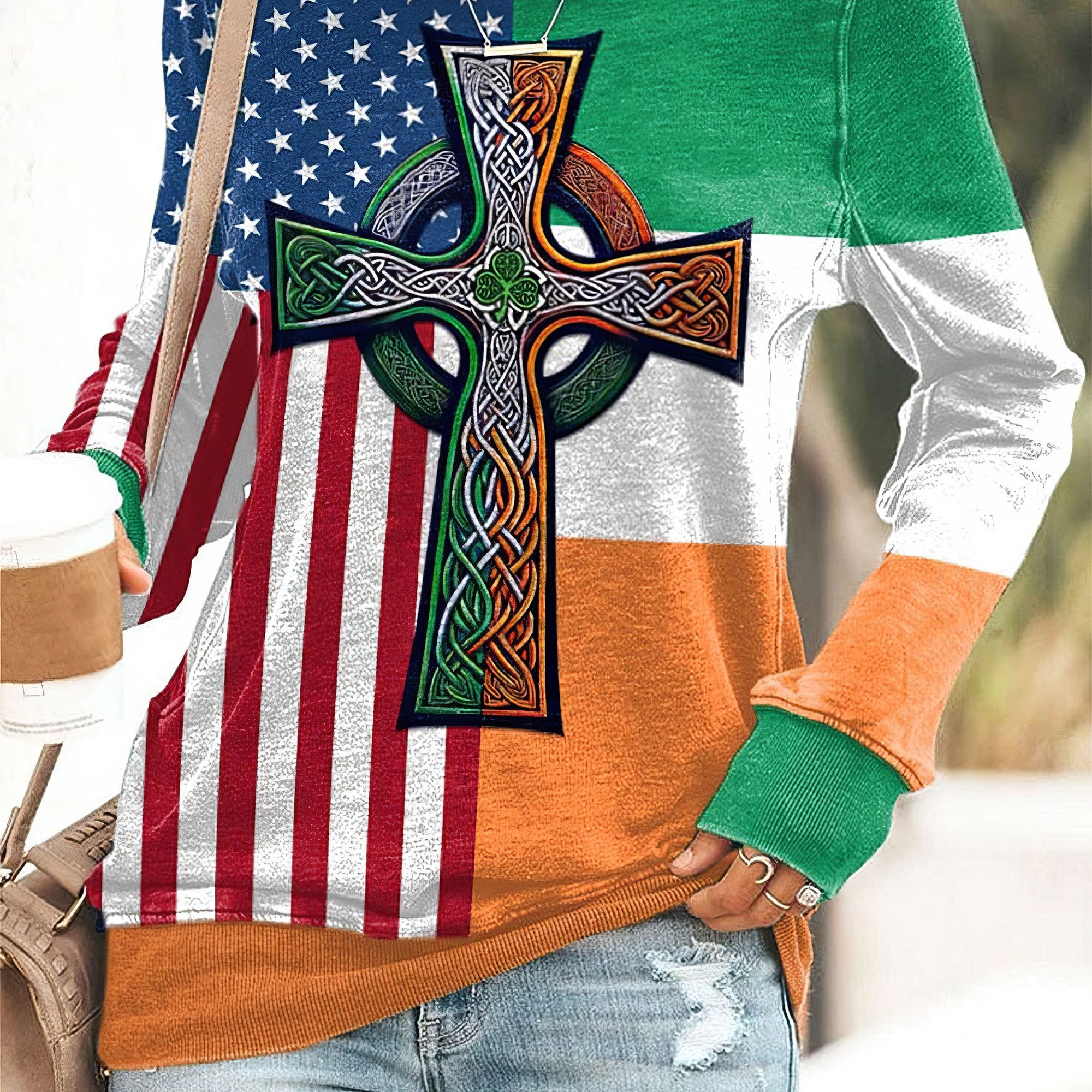 Celtic Knot Cross Irish And American Flag Sweatshirt Patrick's Day Sweatshirt Irish Gifts
