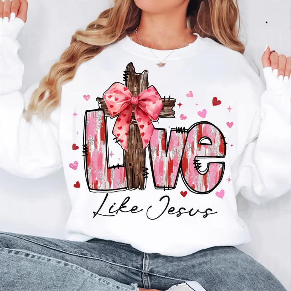 Love Like Jesus Pink Coquette Cross Sweatshirt Valentine?'s Day Women's Clothing