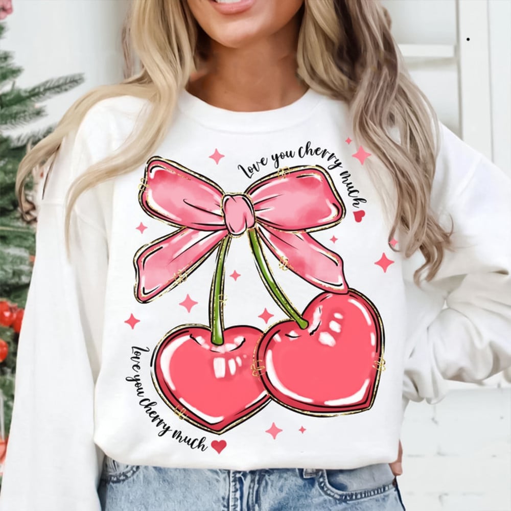 Love You Cherry Much Pink Cherry Coquette Bow Sweatshirt Valentine Apparel Women