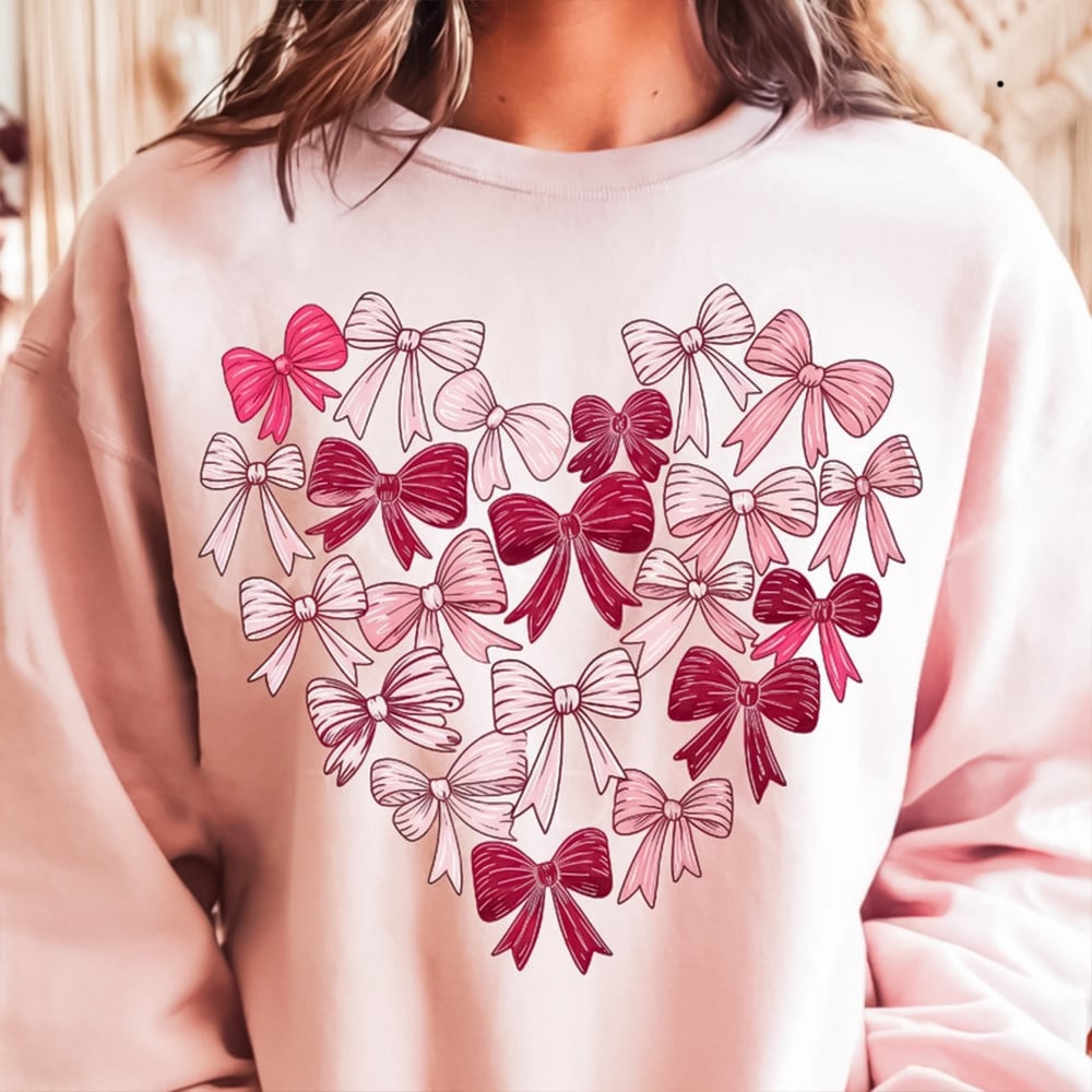 Pink Bow Heart Sweatshirt Valentine's Day Clothing Women's Gifts For Daughter