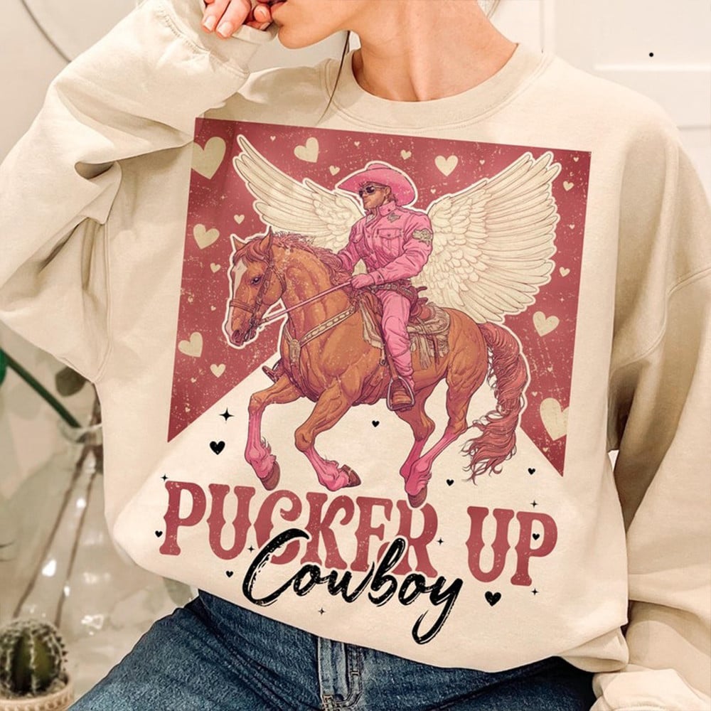 Pucker Up Cowboy Sweatshirt Cute Valentines Day Clothes Gifts For Daughter