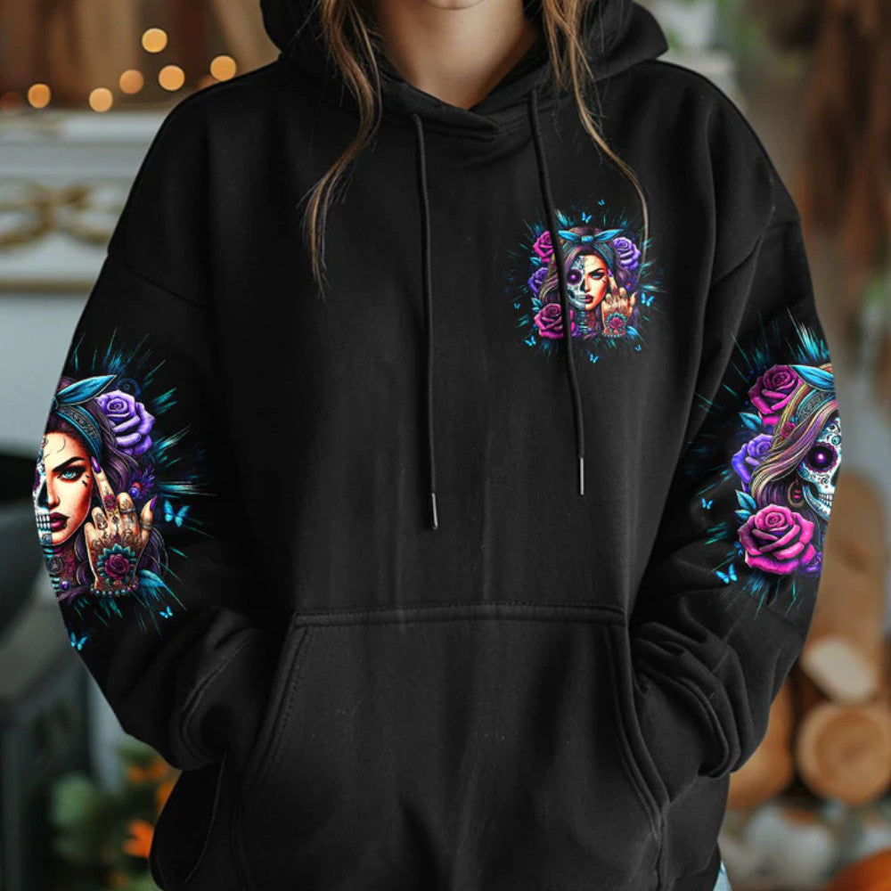 She Has Always Half Goddess Half Hell Black Hooded Sweatshirt Giving The Finger