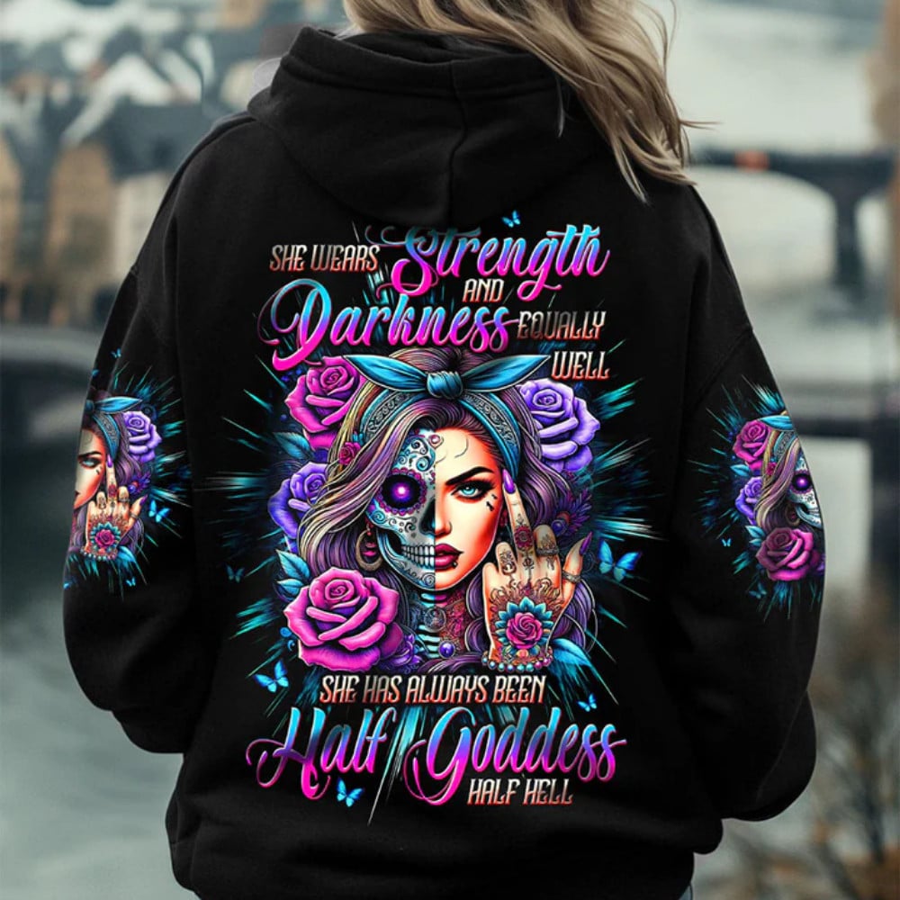 She Has Always Half Goddess Half Hell Black Hooded Sweatshirt Giving The Finger