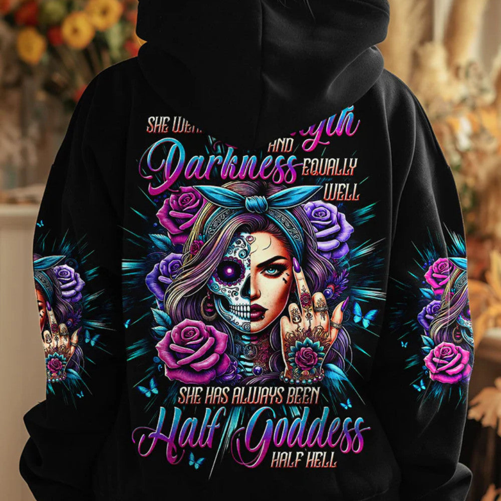 She Has Always Half Goddess Half Hell Black Hooded Sweatshirt Giving The Finger