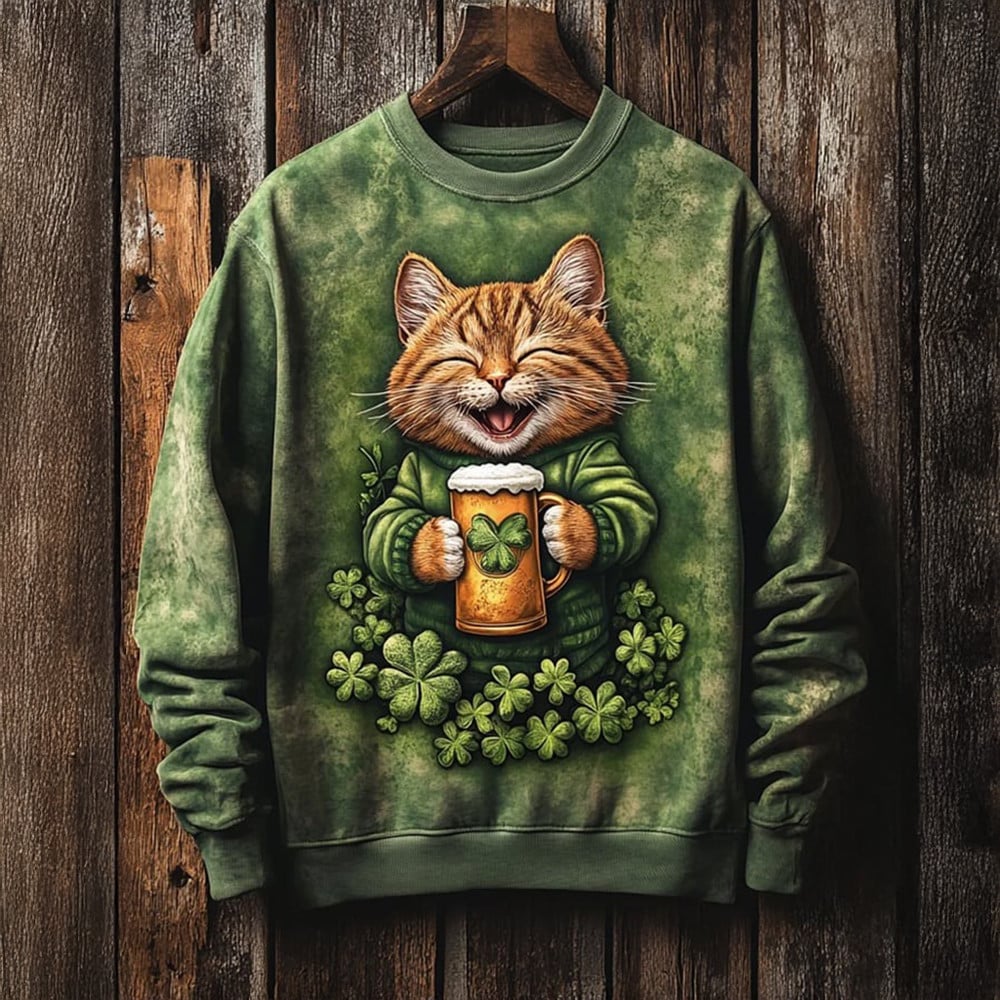 Cat Drinking Beer Smile Art Sweatshirt Funny St. Patrick's Day Sweatshirt Gifts For Cat Lovers