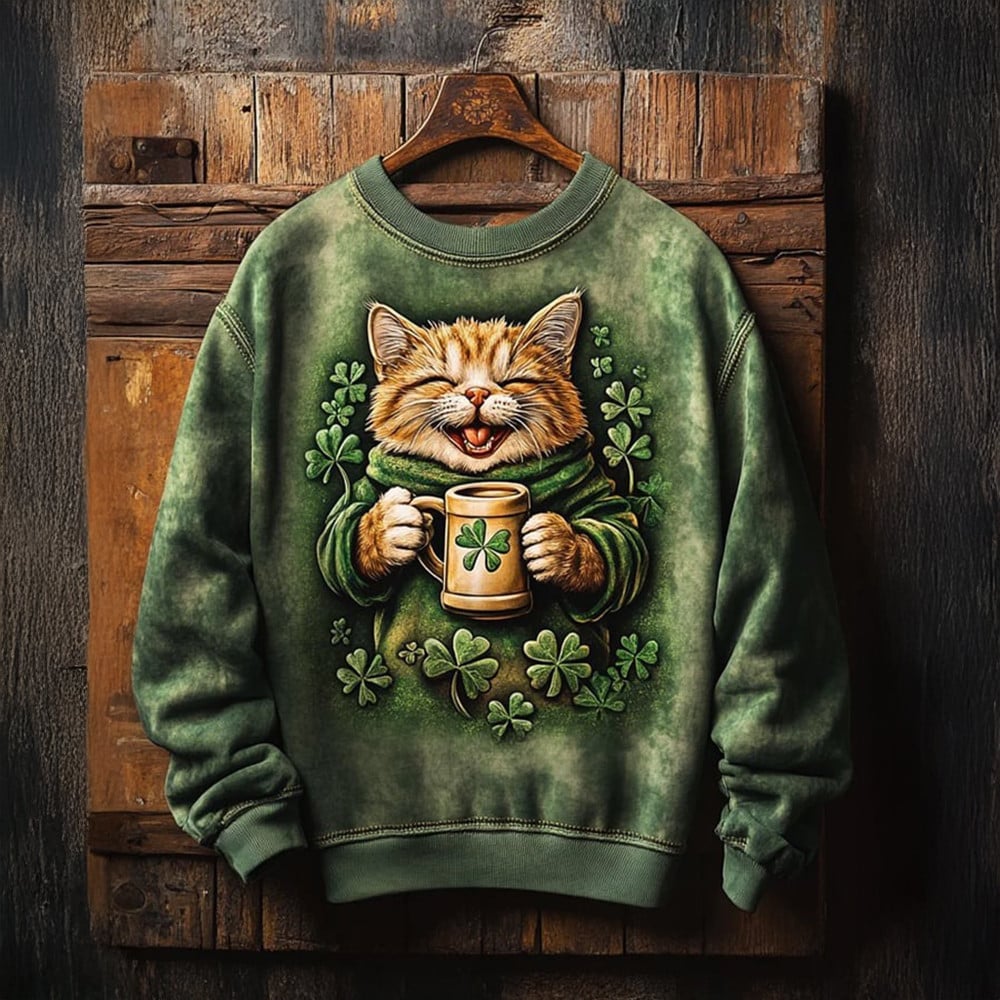 Cat Drinking Coffee Art Sweatshirt Funny St. Patrick's Day Sweatshirt Gifts For Cat Lovers