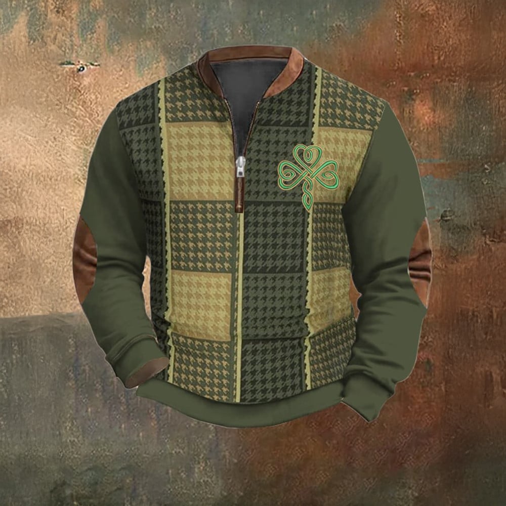 Saint Patrick's Day Clover Houndstooth Zip Sweatshirt Sweatshirt Holiday Apparel