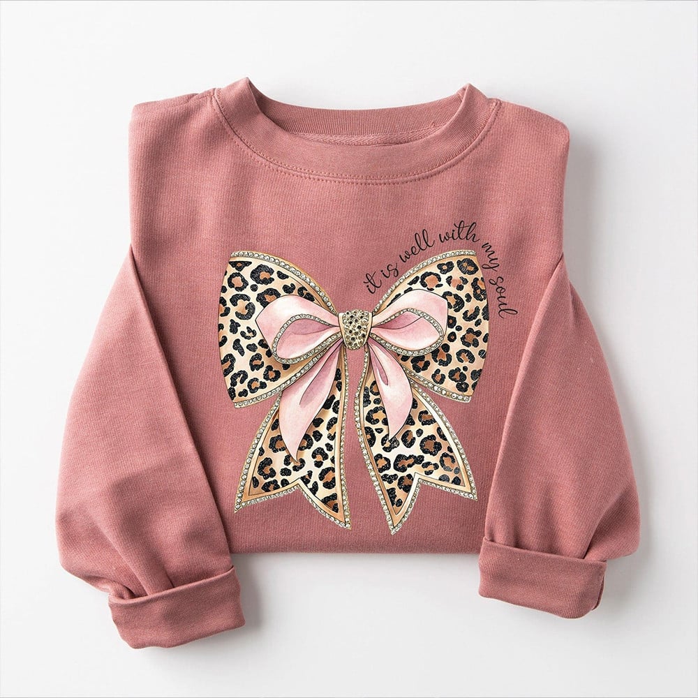 It Is Well With My Soul Bow Leopard Bow Sweatshirt Womens Mother's Day Presents