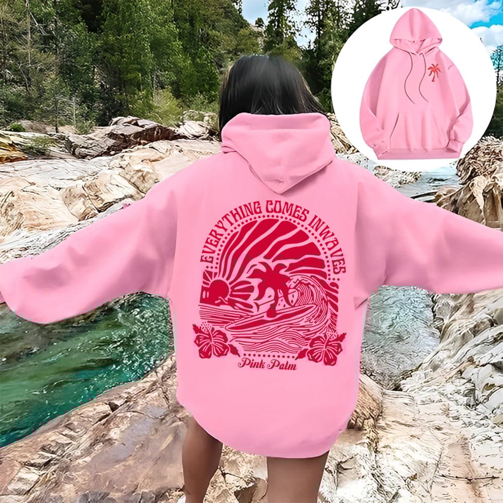 Pink Palm Puff Hoodie Ping Pong Puff Hooded Sweatshirt Everything Comes In Waves