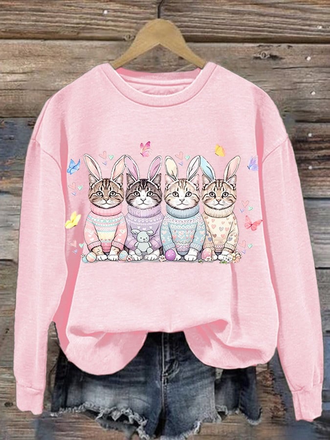 Cat Costume Bunny Easter Sweatshirt Cute Easter Crewneck Sweatshirt Gifts For Her