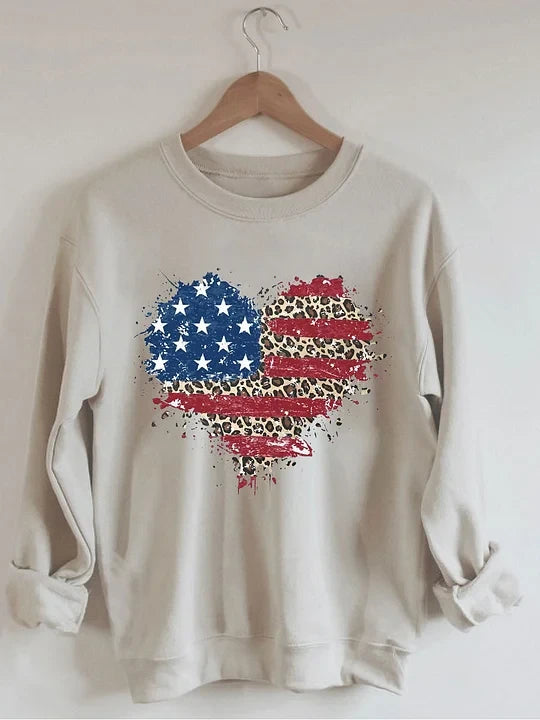 American Flag Leopard Heart Sweatshirt Patriotic Apparel Women's Gifts For Her
